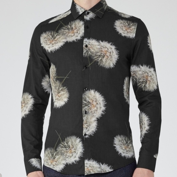 REISS Apache - Mens Dandelion Print Organic Cotton Shirt in Black Slim Fit Sz L - Picture 6 of 11